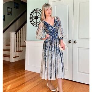 RENE RUIZ COLLECTION Blue Gold Swirled Floral Flowing Tiered Boho Maxi Dress 12